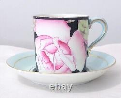 Paragon England Large Pink Rose on Black &Blue Background Demitasse Cup & Saucer