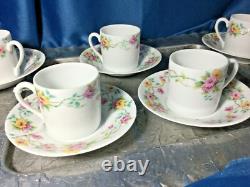 RARE 6 Leclair Limoges Eugenie France Demitasse Cups Saucers flat flowers- NEW
