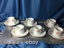 RARE 6 Leclair Limoges Eugenie France Demitasse Cups Saucers flat flowers- NEW