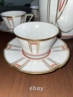 RARE ART DECO FÜRSTENBERG GERMANY GOLD COFFEE DEMITASSE 6 CUPS & SAUCERS With POT