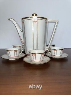 RARE ART DECO FÜRSTENBERG GERMANY GOLD COFFEE DEMITASSE 6 CUPS & SAUCERS With POT