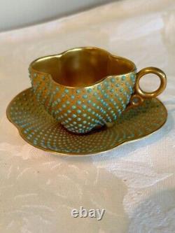 RARE Coalport Teacup and Saucer Demitasse Turquoise Gold Enamel Jeweled Antique