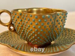 RARE Coalport Teacup and Saucer Demitasse Turquoise Gold Enamel Jeweled Antique