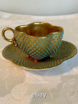 RARE Coalport Teacup and Saucer Demitasse Turquoise Gold Enamel Jeweled Antique