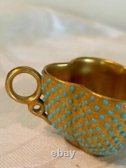 RARE Coalport Teacup and Saucer Demitasse Turquoise Gold Enamel Jeweled Antique