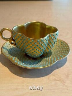 RARE Coalport Teacup and Saucer Demitasse Turquoise Gold Enamel Jeweled Antique