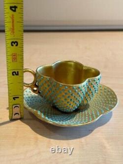 RARE Coalport Teacup and Saucer Demitasse Turquoise Gold Enamel Jeweled Antique