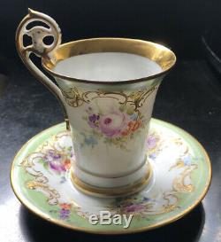 RICHARD KLEMM DRESDEN Demitasse Cup and Saucer GOLD Figural Handle Color Flowers