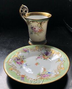 RICHARD KLEMM DRESDEN Demitasse Cup and Saucer GOLD Figural Handle Color Flowers