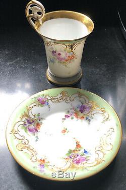RICHARD KLEMM DRESDEN Demitasse Cup and Saucer GOLD Figural Handle Color Flowers