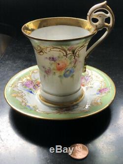 RICHARD KLEMM DRESDEN Demitasse Cup and Saucer GOLD Figural Handle Color Flowers