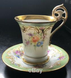 RICHARD KLEMM DRESDEN Demitasse Cup and Saucer GOLD Figural Handle Color Flowers