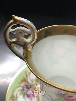 RICHARD KLEMM DRESDEN Demitasse Cup and Saucer GOLD Figural Handle Color Flowers