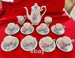 ROYAL ALBERT BONE CHINA ENGLAND Sweet Pea Coffee Pot & 8 Demitasse Cups/Saucers