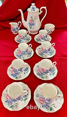 ROYAL ALBERT BONE CHINA ENGLAND Sweet Pea Coffee Pot & 8 Demitasse Cups/Saucers