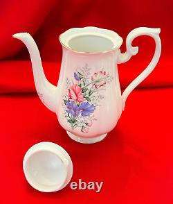 ROYAL ALBERT BONE CHINA ENGLAND Sweet Pea Coffee Pot & 8 Demitasse Cups/Saucers