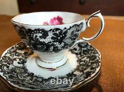 ROYAL ALBERT Demitasse Tea Cup & Saucer B / SENORITA Pattern BLACK LACE ROSE