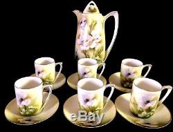 RS PRUSSIA GERMANY 10CHOCOLATE POT with LID & 6 DEMITASSE CUPS & SAUCERS. Vintage