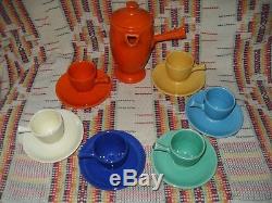 Radioactive Red Stick Handle Demitasse Pot & 6 Original Colors Cups & Saucers