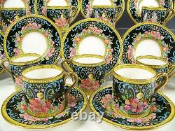 Rare 12 Wedgwood Lulworth Black Raised Enamel Floral Gold Demitasse Cups Saucers