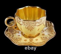 Rare Antique Coalport Raised Gold Enamel Jewels Demitasse Cup & Saucer