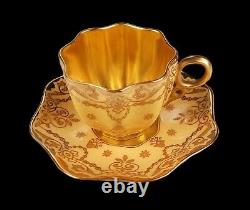 Rare Antique Coalport Raised Gold Enamel Jewels Demitasse Cup & Saucer