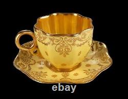 Rare Antique Coalport Raised Gold Enamel Jewels Demitasse Cup & Saucer