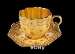 Rare Antique Coalport Raised Gold Enamel Jewels Demitasse Cup & Saucer