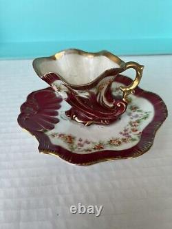 Rare Antique Rose & Cupid Demitasse Cup & Saucer Delicate Trimmed Pink & Gold