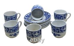 Rare Antique Villeroy & Boch Dresden Blue Wild-Rose Demitasse Cups & Saucers