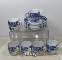 Rare Antique Villeroy & Boch Dresden Blue Wild-Rose Demitasse Cups & Saucers