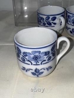 Rare Antique Villeroy & Boch Dresden Blue Wild-Rose Demitasse Cups & Saucers