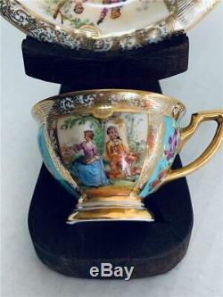 Rare Beautiful Dresden Ambrosius Lamm Ftd Courting Gilt Demitasse Cup Saucer