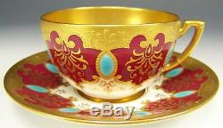 Rare Coalport For Gilman Collamore Turquoise Jeweled Red Demitasse Cup & Saucer