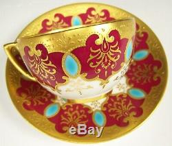 Rare Coalport For Gilman Collamore Turquoise Jeweled Red Demitasse Cup & Saucer