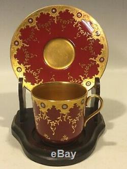 Rare Coalport Turquoise Jeweled Burgundy Red Gold Demitasse Cup & Saucer