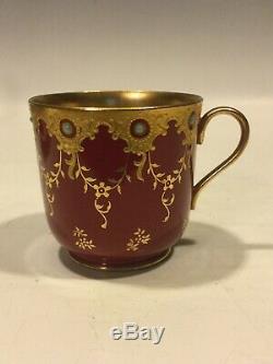 Rare Coalport Turquoise Jeweled Burgundy Red Gold Demitasse Cup & Saucer