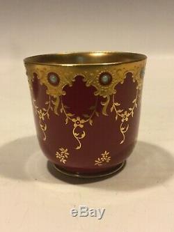 Rare Coalport Turquoise Jeweled Burgundy Red Gold Demitasse Cup & Saucer