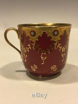 Rare Coalport Turquoise Jeweled Burgundy Red Gold Demitasse Cup & Saucer