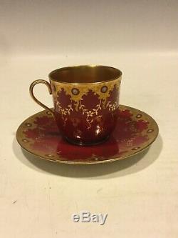 Rare Coalport Turquoise Jeweled Burgundy Red Gold Demitasse Cup & Saucer