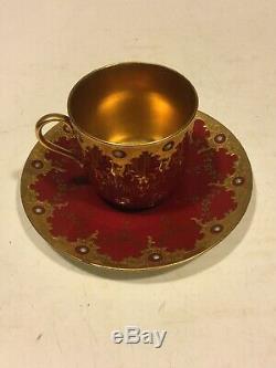 Rare Coalport Turquoise Jeweled Burgundy Red Gold Demitasse Cup & Saucer