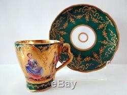 Rare Dresden Demitasse Cup Saucer Green Gilding 6 Unique Panels Raised Scroll HP