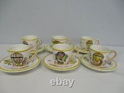 Rare France Art Pottery Whimsical Hot Air Balloon Set 6 Demitasse Cups & Saucers