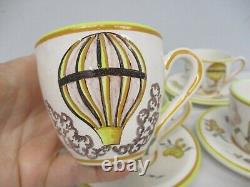 Rare France Art Pottery Whimsical Hot Air Balloon Set 6 Demitasse Cups & Saucers