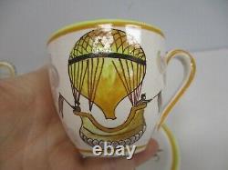 Rare France Art Pottery Whimsical Hot Air Balloon Set 6 Demitasse Cups & Saucers