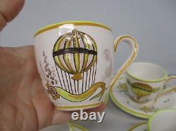 Rare France Art Pottery Whimsical Hot Air Balloon Set 6 Demitasse Cups & Saucers