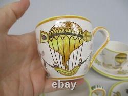 Rare France Art Pottery Whimsical Hot Air Balloon Set 6 Demitasse Cups & Saucers