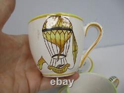 Rare France Art Pottery Whimsical Hot Air Balloon Set 6 Demitasse Cups & Saucers