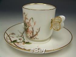 Rare Limoges Hand Painted Sunset Bird Gold Demitasse Cup Saucer Butterfly Handle