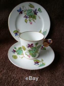 Rare Minton Violets Butterfly Handle Demitasse Trio Cup Saucer Plate c. 1869-1883